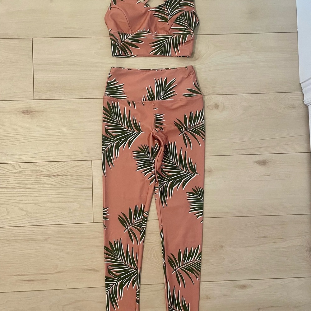 Forever 21 Leaf Print Leggings and bralette Set - Peach and Green